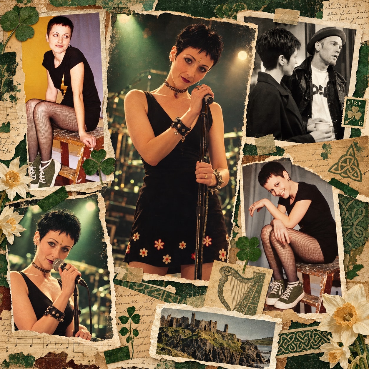 A scrapbook collage of singing, portraits and flower decorations