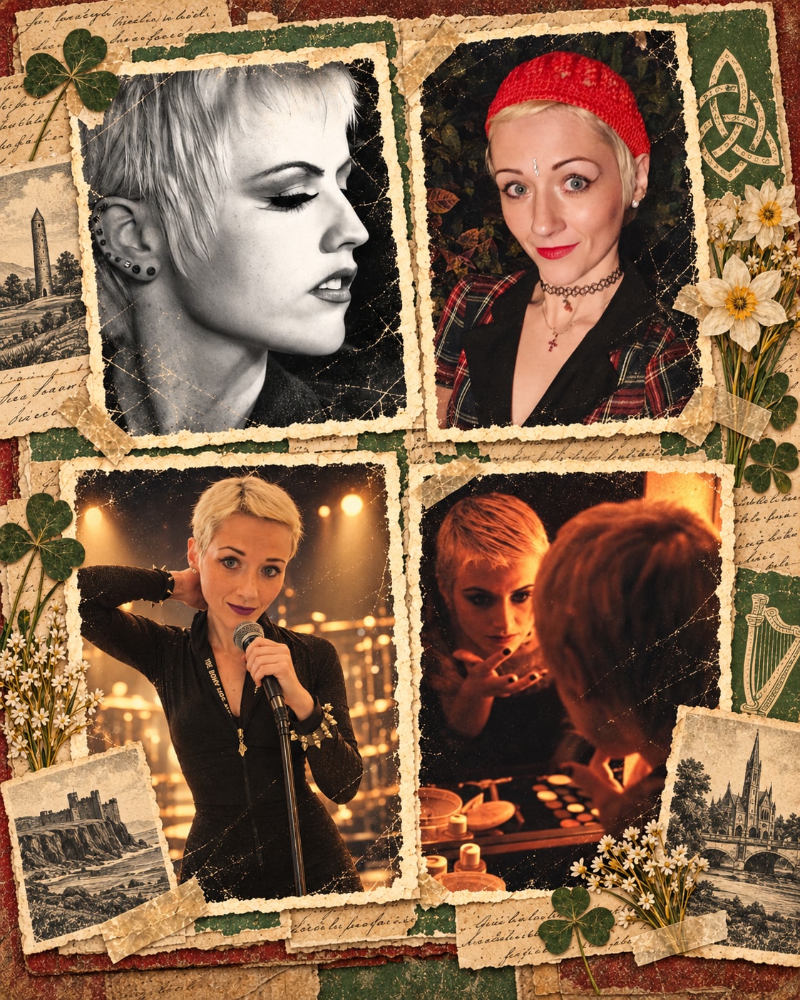 A scrapbook collage of portraits, singing and concert photographs