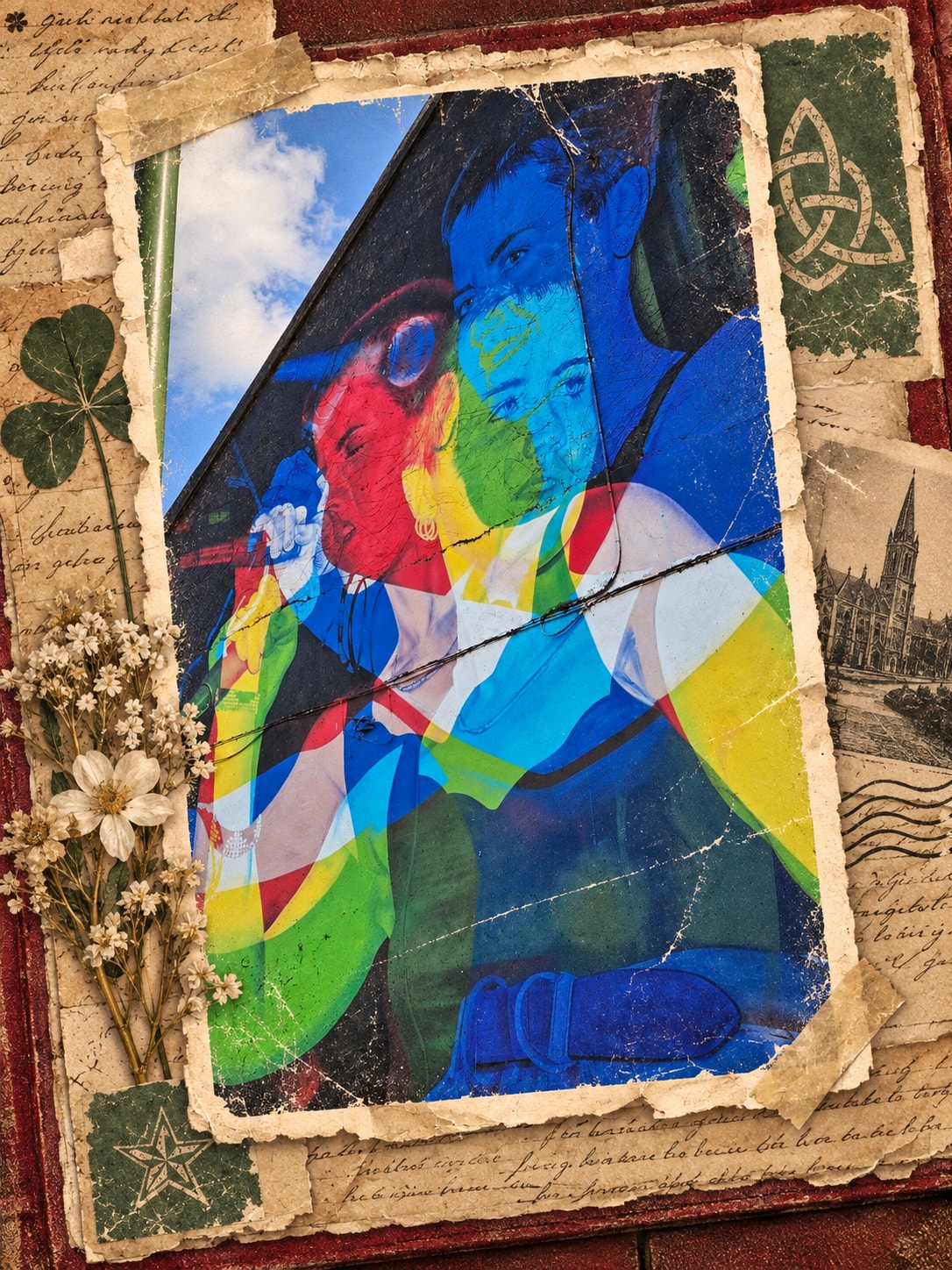 A scrapbook page of the colourful Dolores mural in Limerick